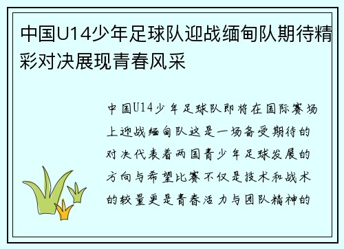 中国U14少年足球队迎战缅甸队期待精彩对决展现青春风采